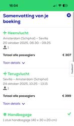 Sevilla vliegticket retour 20 tm 24 oktober, Tickets en Kaartjes, Eén persoon, Vliegtuig, Buitenland, Met bestemming of datum