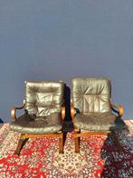 Set van 2 vintage, Scandinavisch design, leren fauteuils, Ophalen, Gebruikt, Vintage, Hout