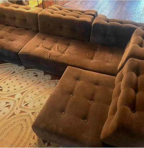 Vintage modulaire elementen bank bruin gecapitonneerde stof, Huis en Inrichting, Banken | Complete zithoeken, Zo goed als nieuw