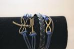 Prachtige zwart blauwe leren armband met bedels 17 - 21 cm, Sieraden, Tassen en Uiterlijk, Armbanden, Nieuw, Met bedels of kralen