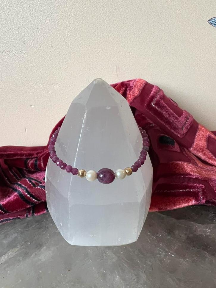 Robijn Akoya zoutwater parel liefde geluk uniek eyecatcher, Sieraden, Tassen en Uiterlijk, Armbanden, Nieuw, Zilver, Rood, Met bedels of kralen