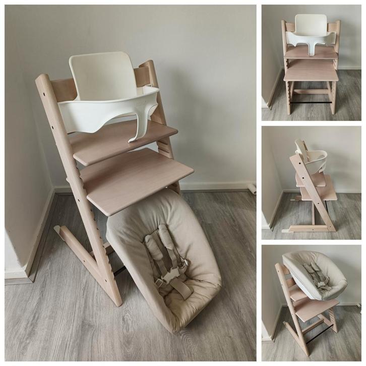 ZGAN!Stokke Tripp Trapp whitewash+babyset,newbornset evt. 2x, Kinderen en Baby's, Kinderstoelen, Zo goed als nieuw, Meegroeistoel