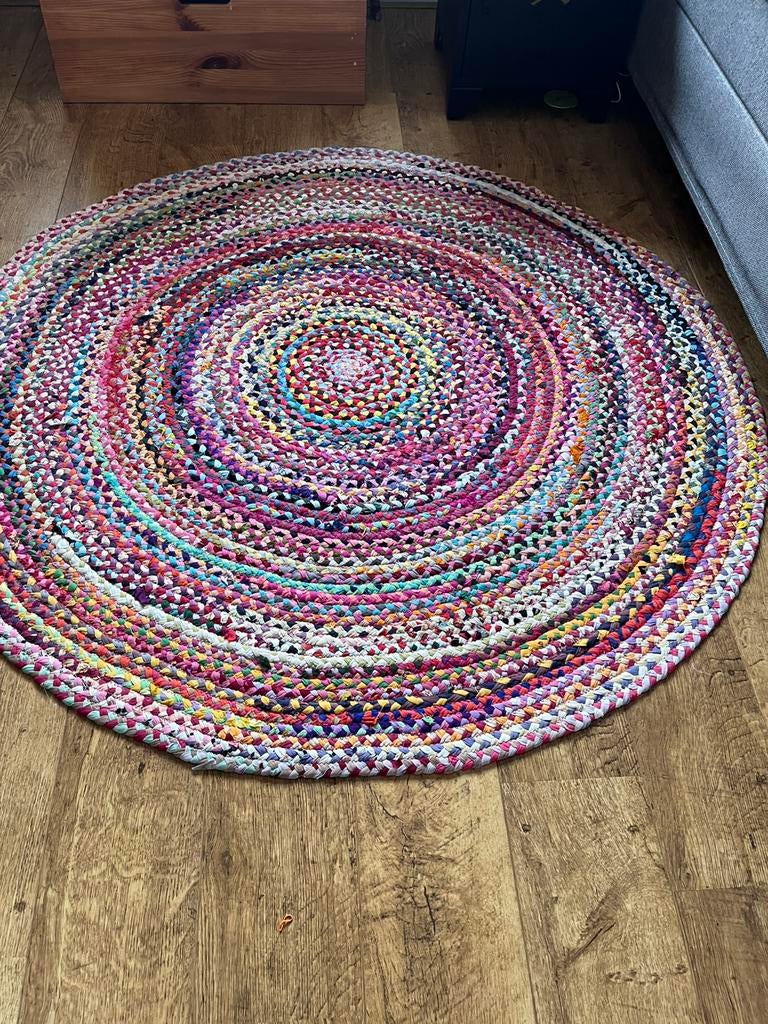 Gevlochten katoenen kleed vloerkleed gekleurd, Huis en Inrichting, Stoffering | Tapijten en Kleden, Verzenden, Zo goed als nieuw