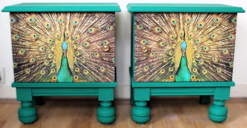 2 Groene nachtkastjes “Trots als een pauw”, kastjes, Huis en Inrichting, Slaapkamer | Bedden, Zo goed als nieuw, Eenpersoons, 160 cm
