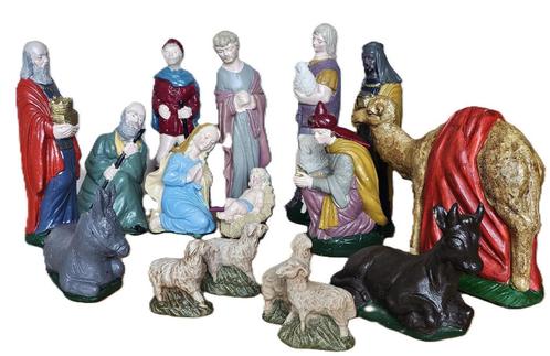 Vintage kerstgroep + stal met verl, 16-delig, plusmin 1960, Diversen, Kerst, Gebruikt, Ophalen of Verzenden