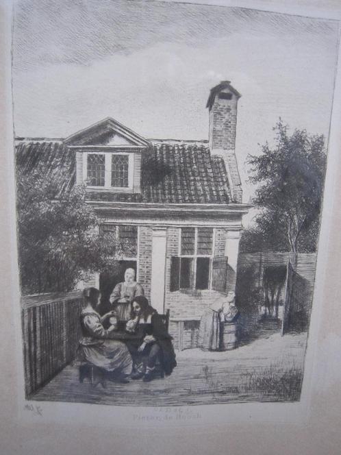 Carel Lodewijk Dake, Visite in een tuin, Litho in oude lijst, Antiek en Kunst, Kunst | Litho's en Zeefdrukken, Ophalen
