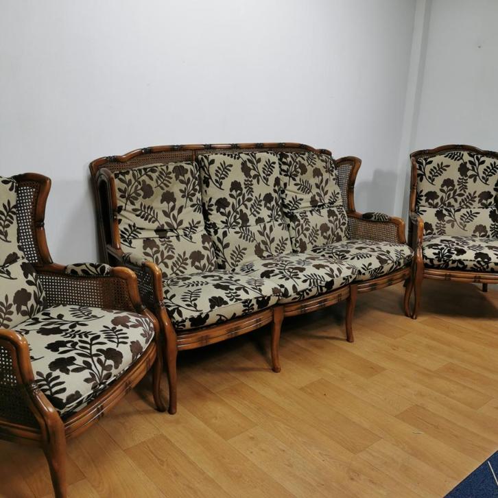 Vintage Faux bamboe bank en 2 x fauteuil Giorgetti stijl, Huis en Inrichting, Banken | Bankstellen, Zo goed als nieuw, Vierpersoons of meer