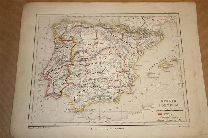Zeldzame antieke kaart - Spanje en Portugal - 1860 !!, Boeken, Atlassen en Landkaarten, Gelezen, Landkaart, Spanje, 2000 tot heden