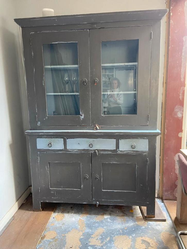 Landelijke vitrine kast, Huis en Inrichting, Kasten | Vitrinekasten, Gebruikt, 200 cm of meer, 150 tot 200 cm, 25 tot 50 cm, Met lade(s)