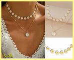 Goudkleurige dubbele  ketting, choker met madeliefjes, S-76, Overige materialen, Verstelbaar, Overige kleuren, Nieuw