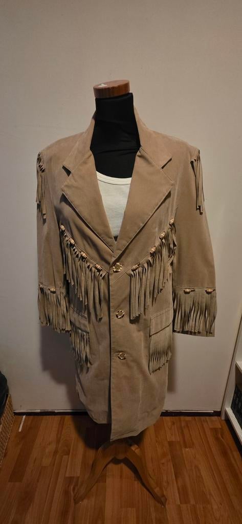 Dames driekwart country jas suèdine maat S met franjes, Ophalen of Verzenden, Gedragen, Maat 36 (S), Beige