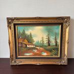 Vintage Bos Schilderij in Barokke Gouden Passe Partout Lijst, Ophalen of Verzenden