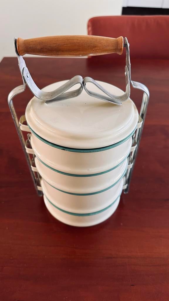Vintage geëmailleerde tiffin lunchbox - 4 lagen, Ophalen of Verzenden