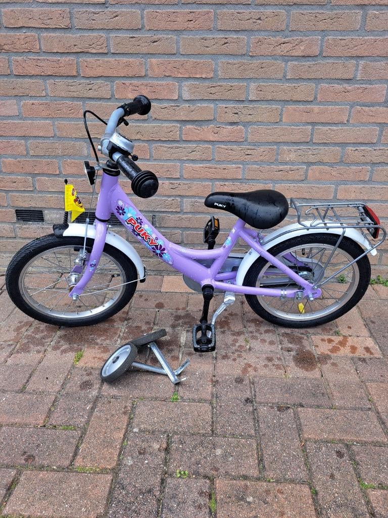 Puky kinderfiets paars met zijwieltjes 16 inch, Ophalen, Zijwieltjes, Puky, 16 tot 20 inch