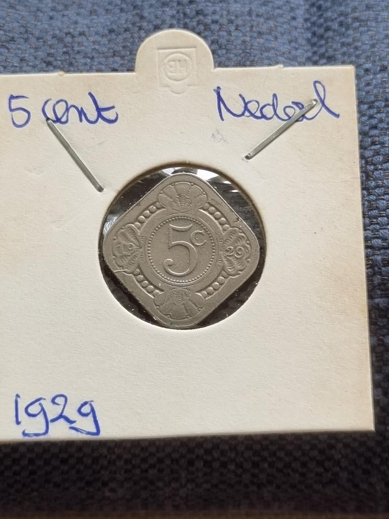 Nederland: een zeer fraaie koper-nikkel 5 cent munt uit 1929, Ophalen of Verzenden, Koningin Wilhelmina, 5 cent, Losse munt