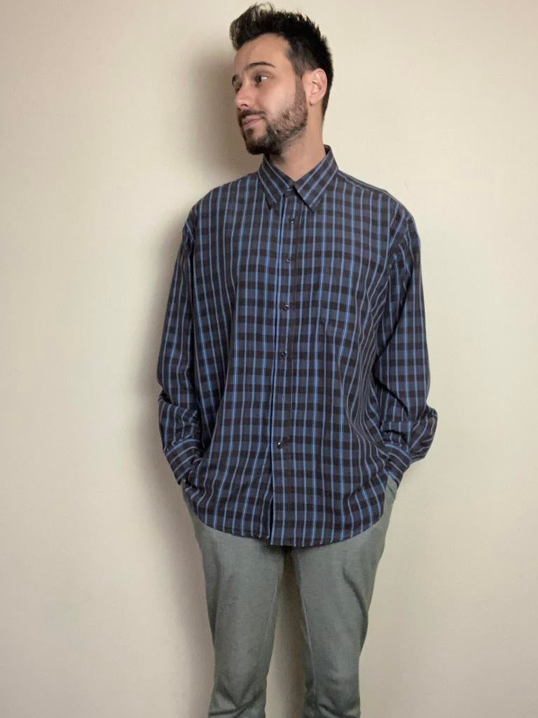 Vintage overhemd - CANDA - bruin/blauw -XL 43/44, Kleding | Heren, Overhemden, Overige kleuren, Vintage, Ophalen of Verzenden