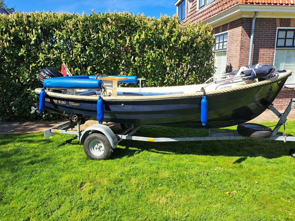 Corsiva 430 console sloep met boottrailer + nieuwe motor, Watersport en Boten, Ophalen, Tot 10 pk, Zo goed als nieuw, 3 tot 6 meter