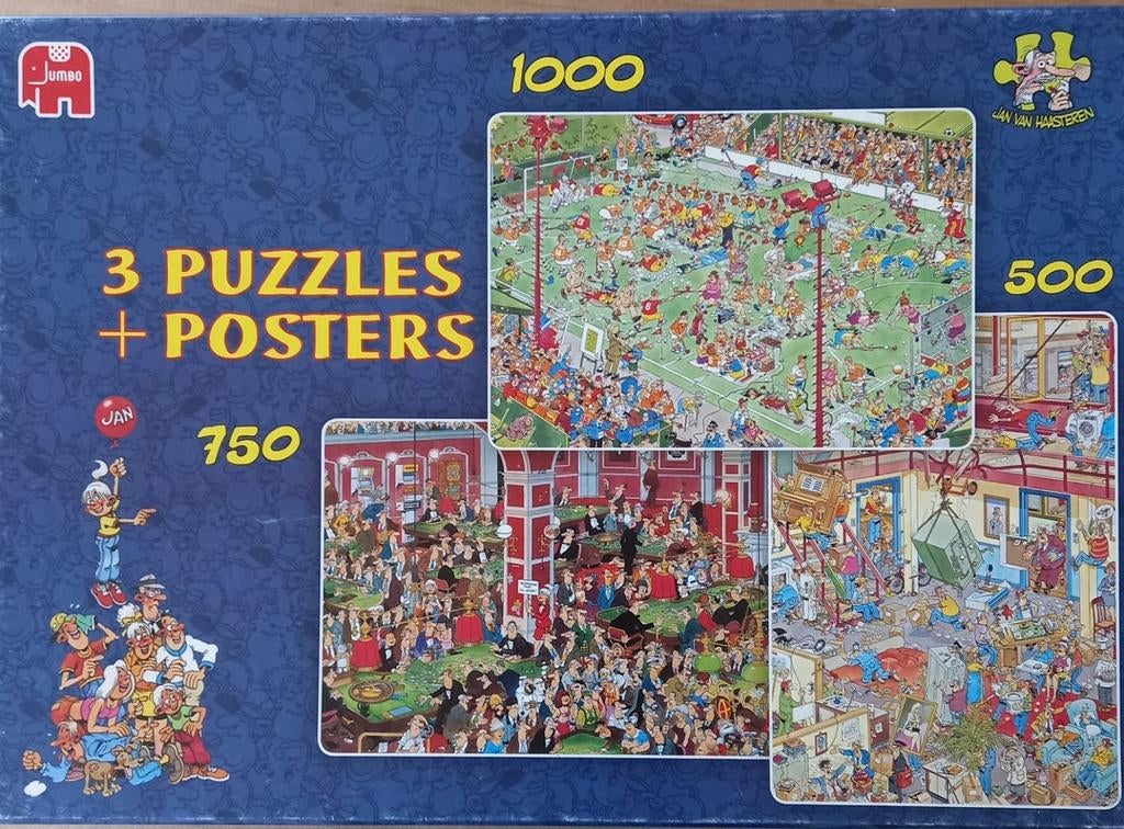 Doos met 3 leuke Jan van Haasteren puzzels, Ophalen of Verzenden, 500 t/m 1500 stukjes, Zo goed als nieuw