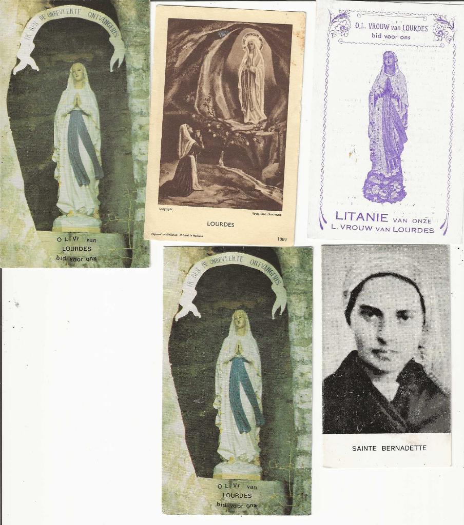 Lourdes 5 Prentjes met Bernadette en Maria, Verzenden, Gebruikt, Kaart of Prent, Christendom | Katholiek
