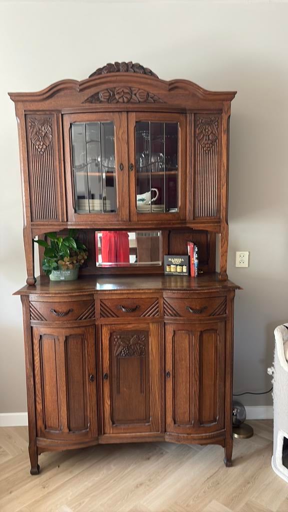 Antieke servieskast met geslepen glas-in-lood, 2-delig, Antiek en Kunst, Ophalen of Verzenden