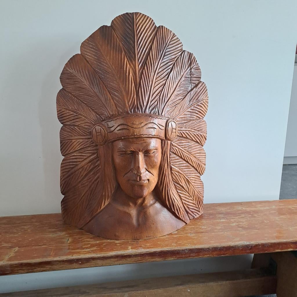 Houtsnijwerk indiaan 60x45cm beeld, Ophalen of Verzenden