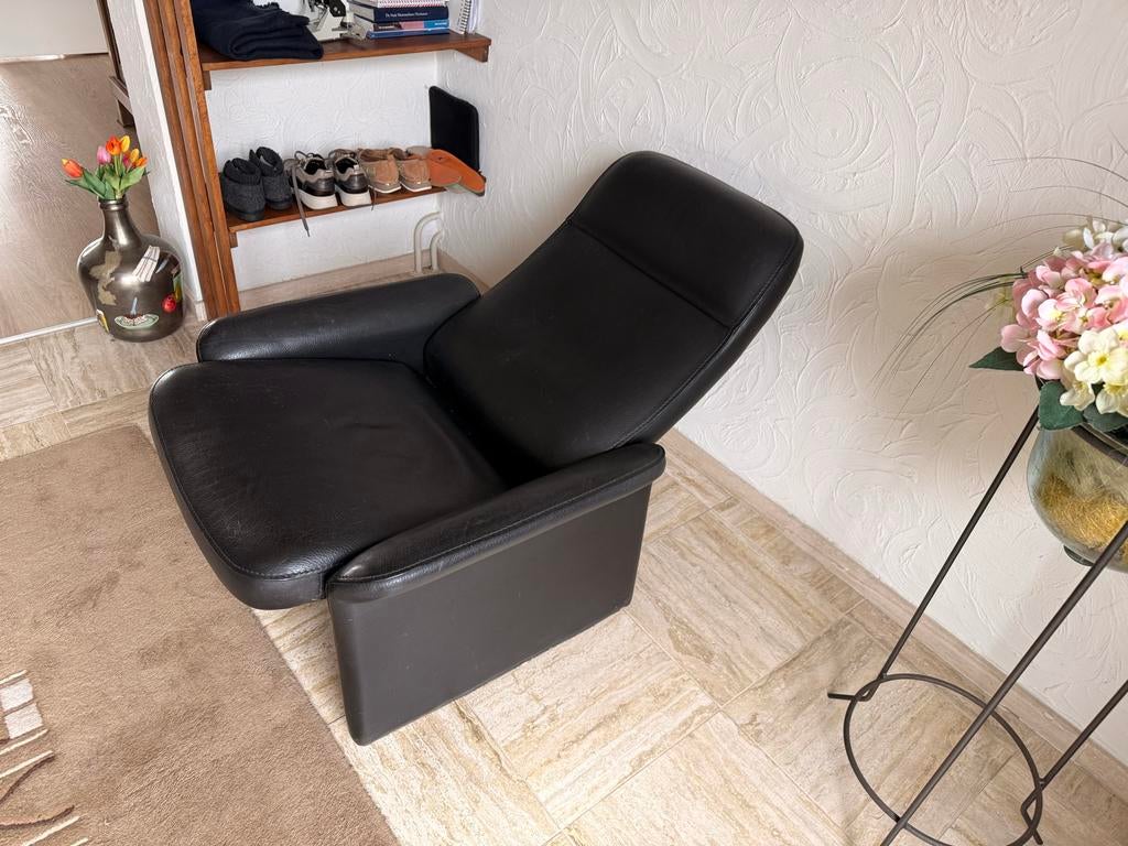 Zwarte leren fauteuil, Ophalen, Gebruikt, Leer, 75 tot 100 cm