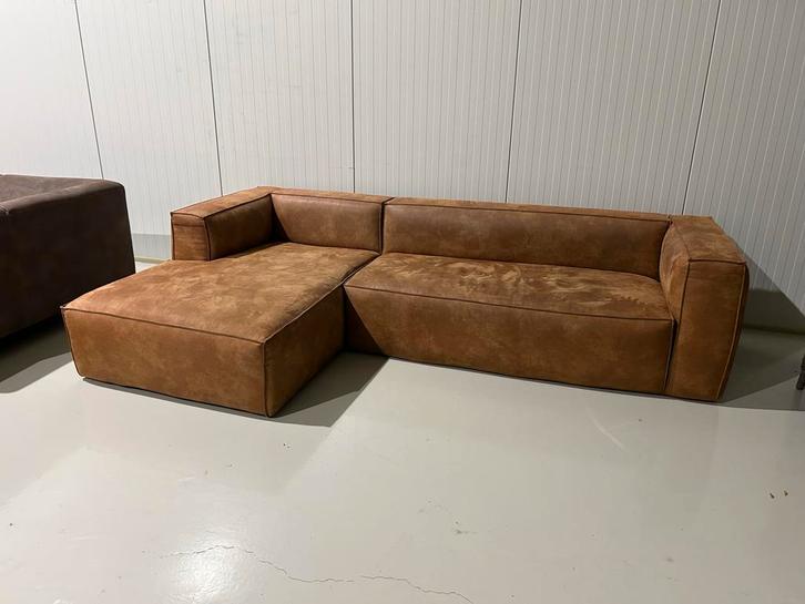 Woood Cognac Lederen Hoekbank - Perfecte Staat, Gereinigd, Huis en Inrichting, Banken | Bankstellen, Zo goed als nieuw, Hoekbank