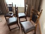 Set van 4 eikenhouten stoelen met leren zitting, Gebruikt, Bruin, Ophalen of Verzenden, Vier