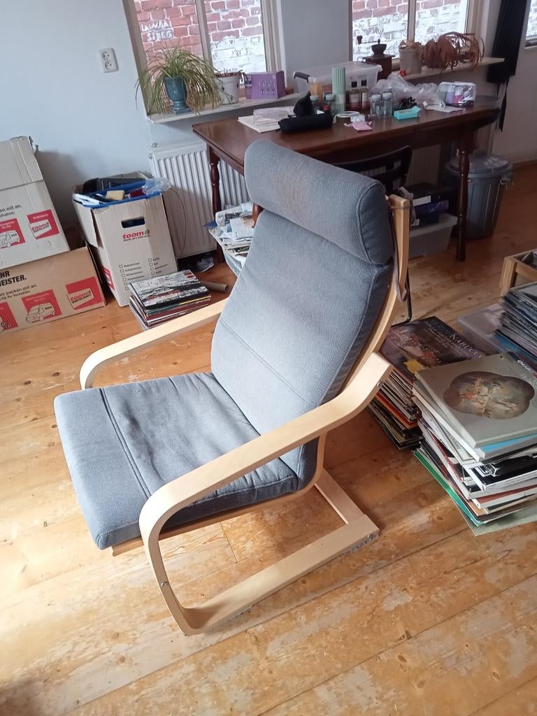 IKEA Poäng stoel met grijze kussens, Ophalen, Gebruikt, Modern, Scandinavisch, Stof