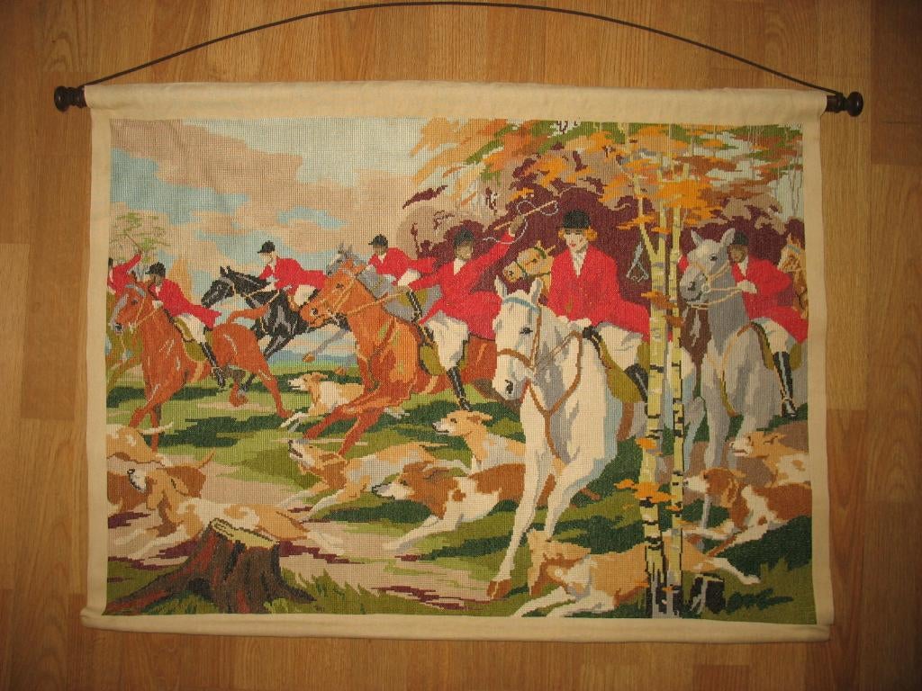 Geborduurd Groot Wandkleed Vossenjacht, Huis en Inrichting, Woonaccessoires | Wanddecoraties, Ophalen, Zo goed als nieuw, Handgemaakt