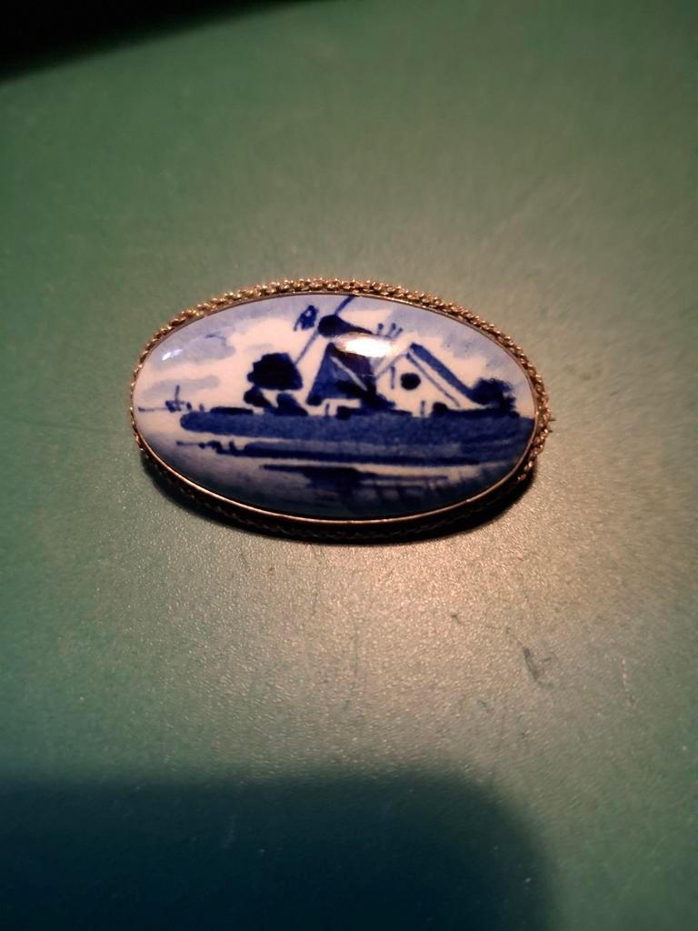 Zilveren broche delftsblauw, Ophalen of Verzenden
