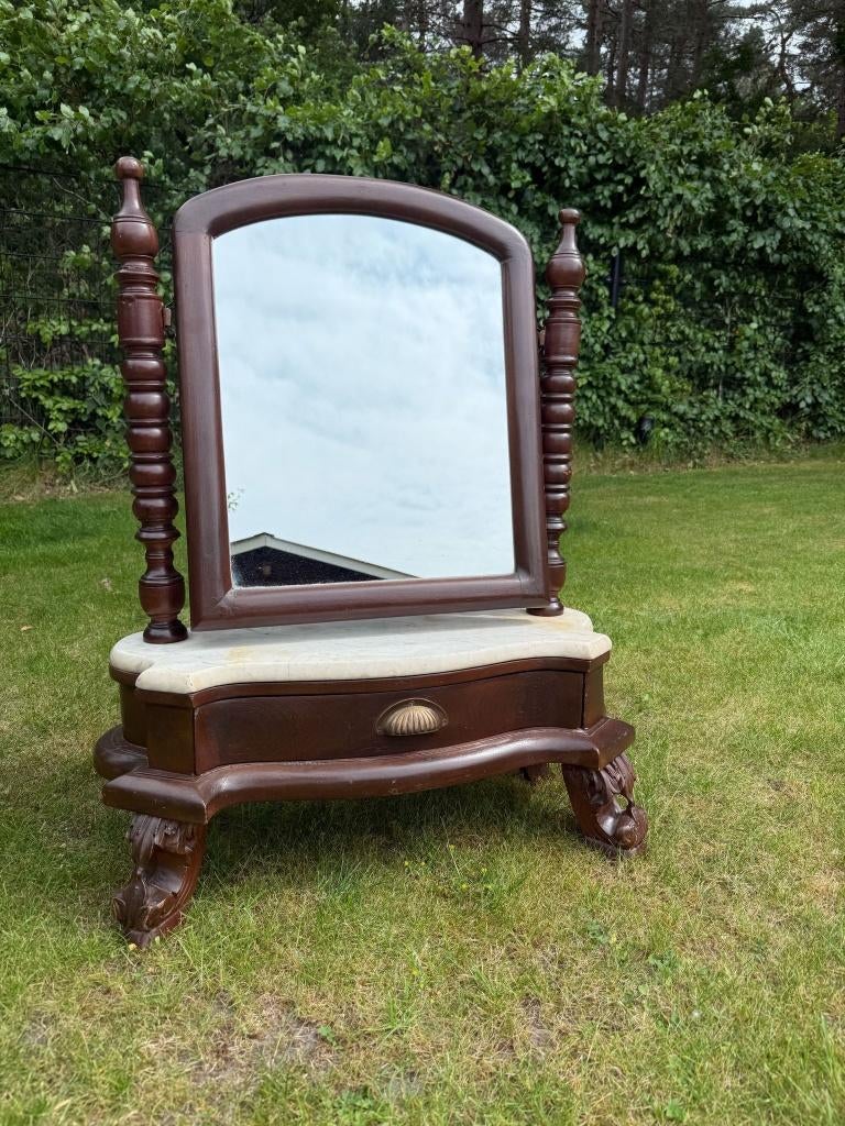 Uniek! Antieke Birmaanse dressoirspiegel met marmerplaat, Antiek en Kunst, Ophalen, Overige vormen, Minder dan 50 cm, Minder dan 100 cm