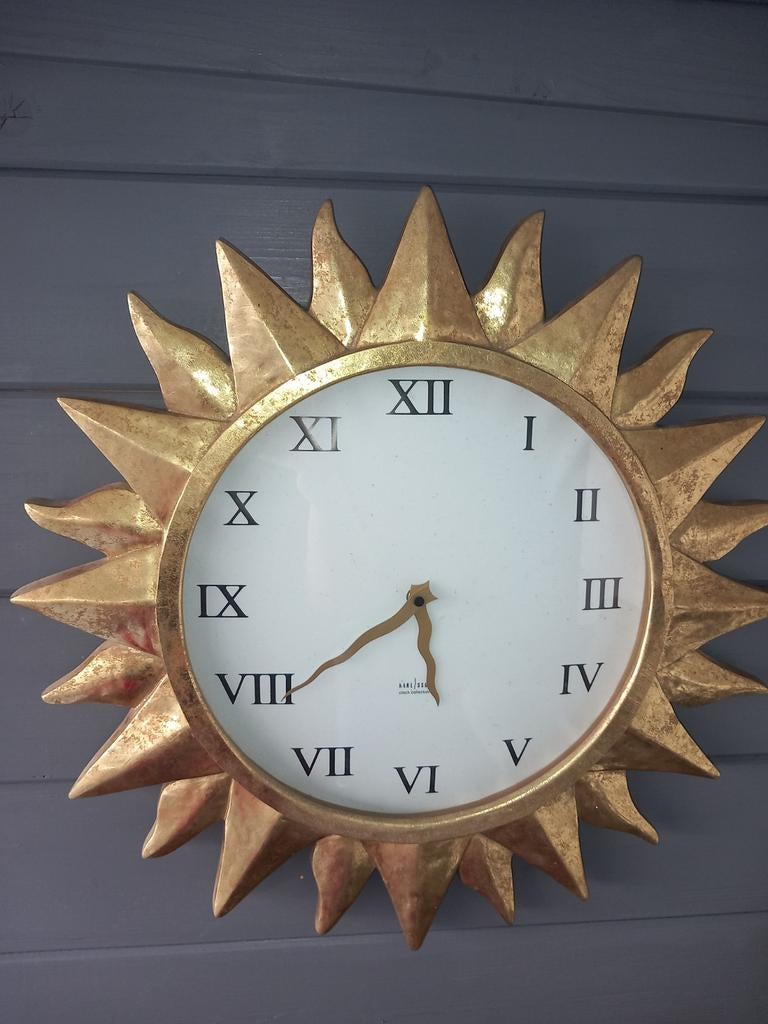 Gouden zon klok met Romeinse cijfers, Antiek en Kunst, Ophalen of Verzenden