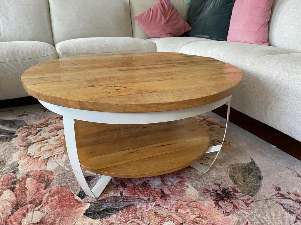 Mango houten salontafel met wit metalen onderstel, Huis en Inrichting, Tafels | Salontafels, Gebruikt, 50 tot 100 cm, Rond, 50 tot 100 cm