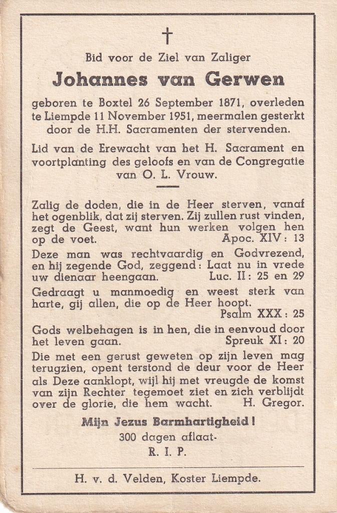 Gerwen Johannes 1871 Boxtel 1951 Liempde, Ophalen, Bidprentje
