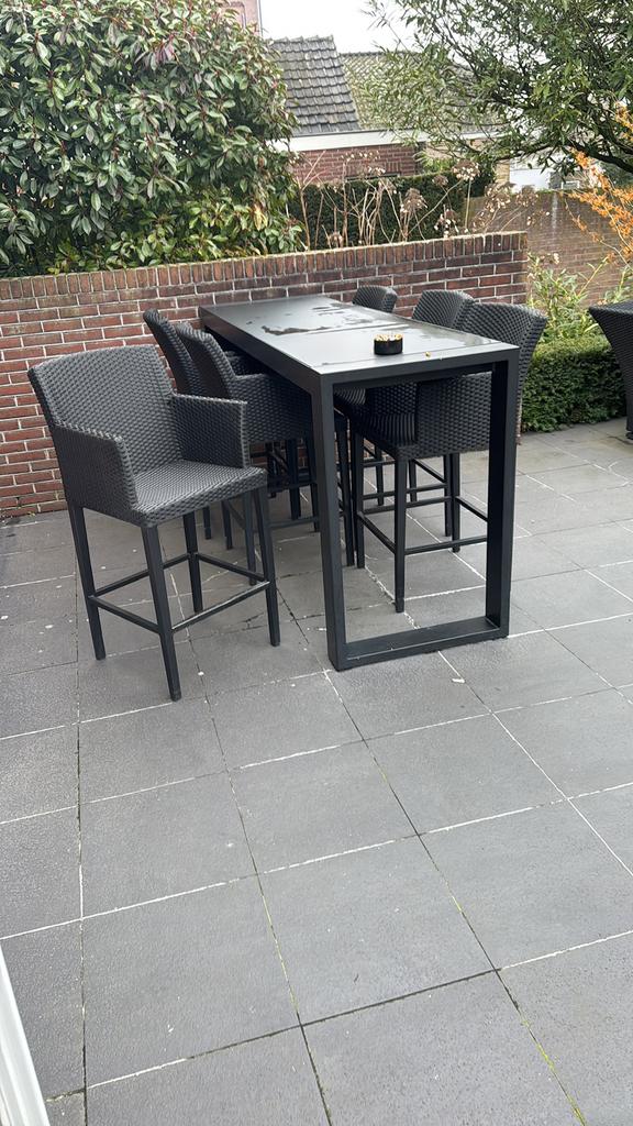 Borek hoge terrastafel + stoelen incl kussens, Ophalen, Zo goed als nieuw