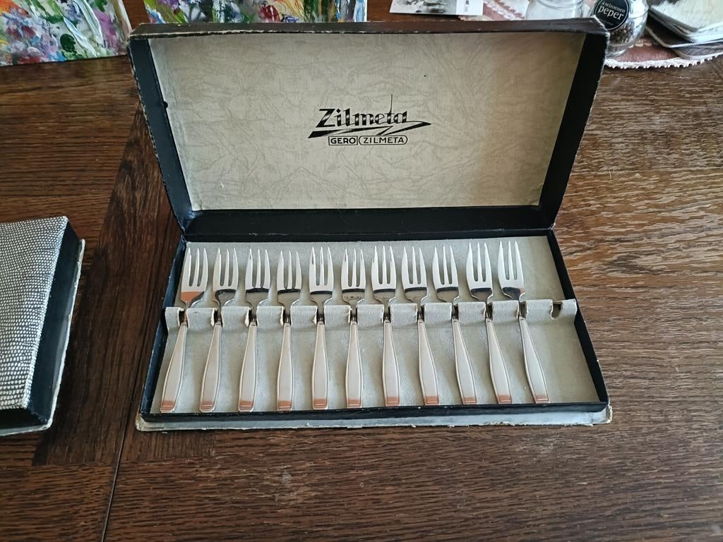 Vintage Gero Zilmeta gebaksvorkjes in originele doos, Ophalen of Verzenden