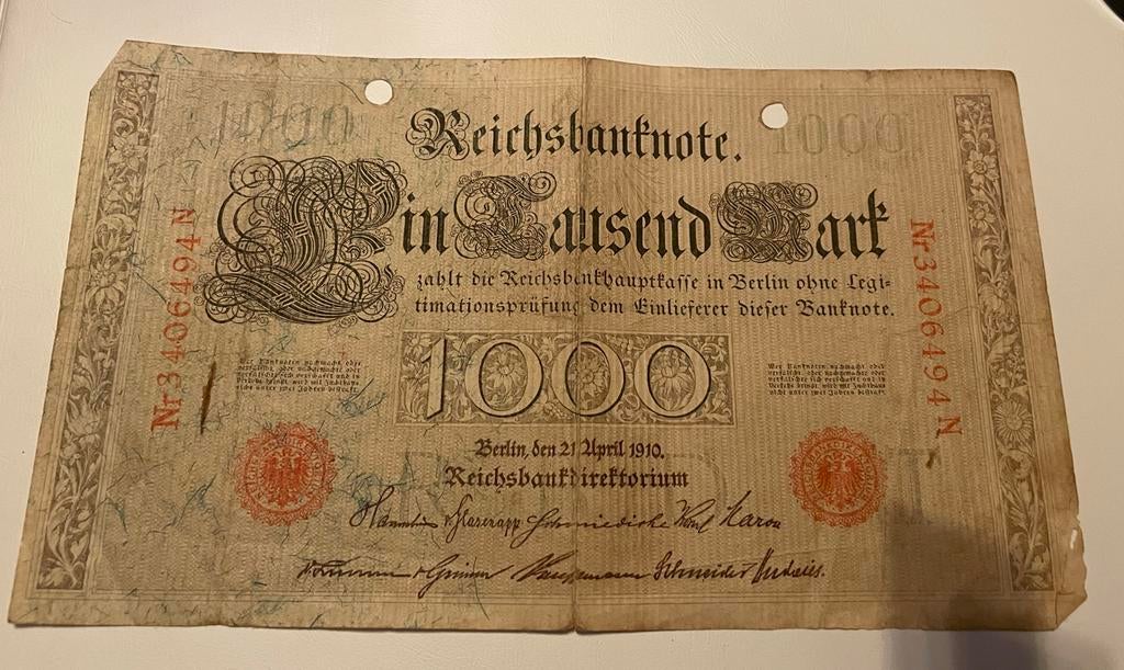 Duits 1000 Mark bankbiljet uit 1910 3x, Postzegels en Munten, Bankbiljetten | Europa | Niet-Eurobiljetten, Ophalen of Verzenden