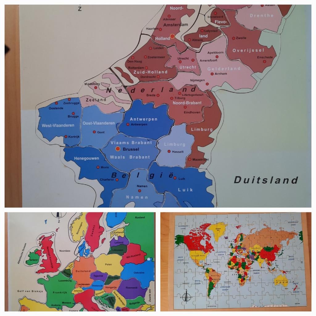 3 complete,  houten, landkaarten puzzels., Ophalen of Verzenden, Zo goed als nieuw, Puzzelen