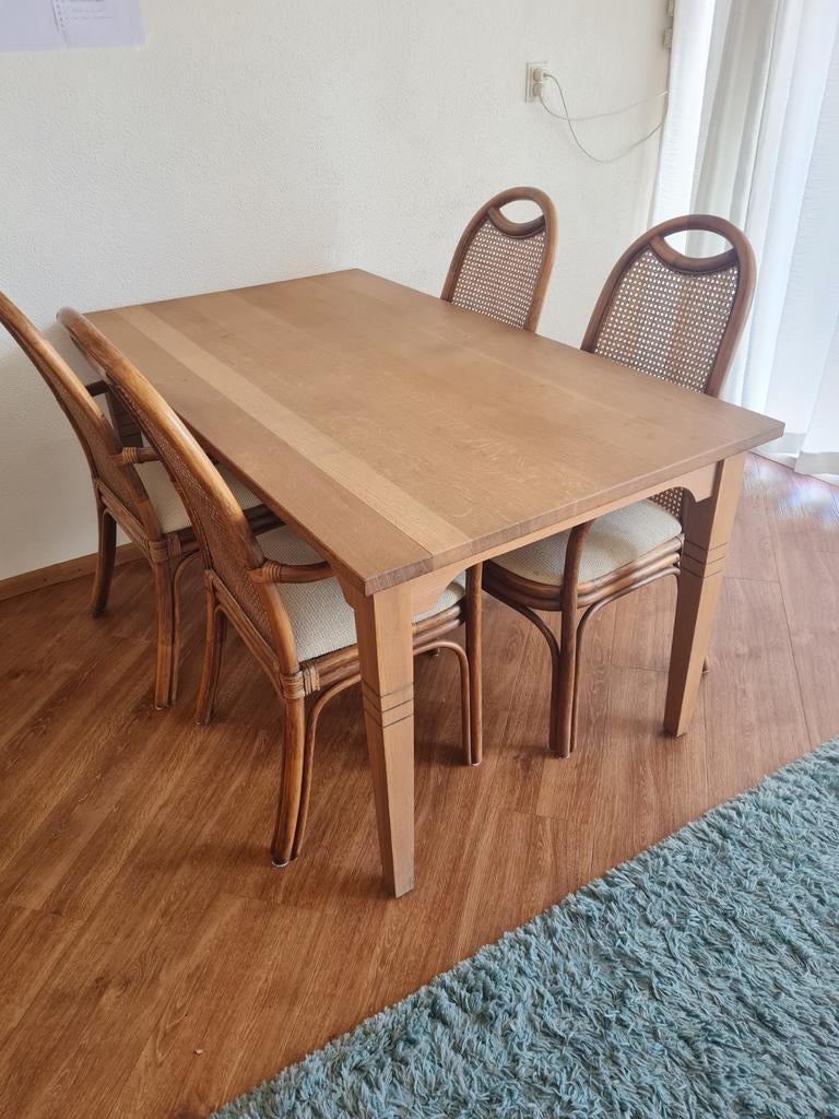 Eetkamer set + 4 Rotan stoelen, Ophalen, Gebruikt, Bruin, Riet of Rotan