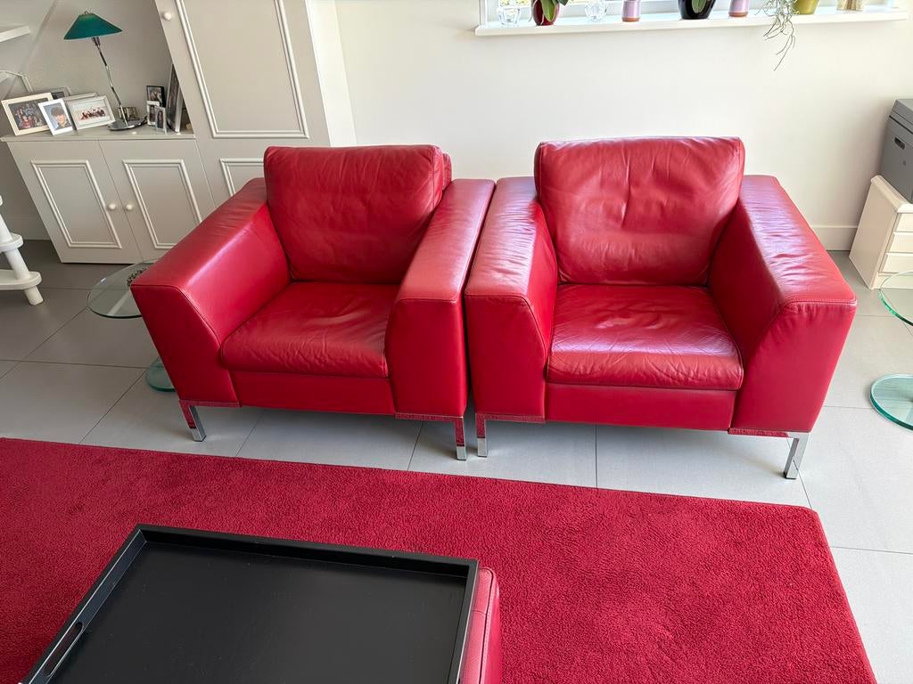 Leren fauteuils en poef - Rood incl kleed en draaistoel, Ophalen, Design, Leer, Zo goed als nieuw