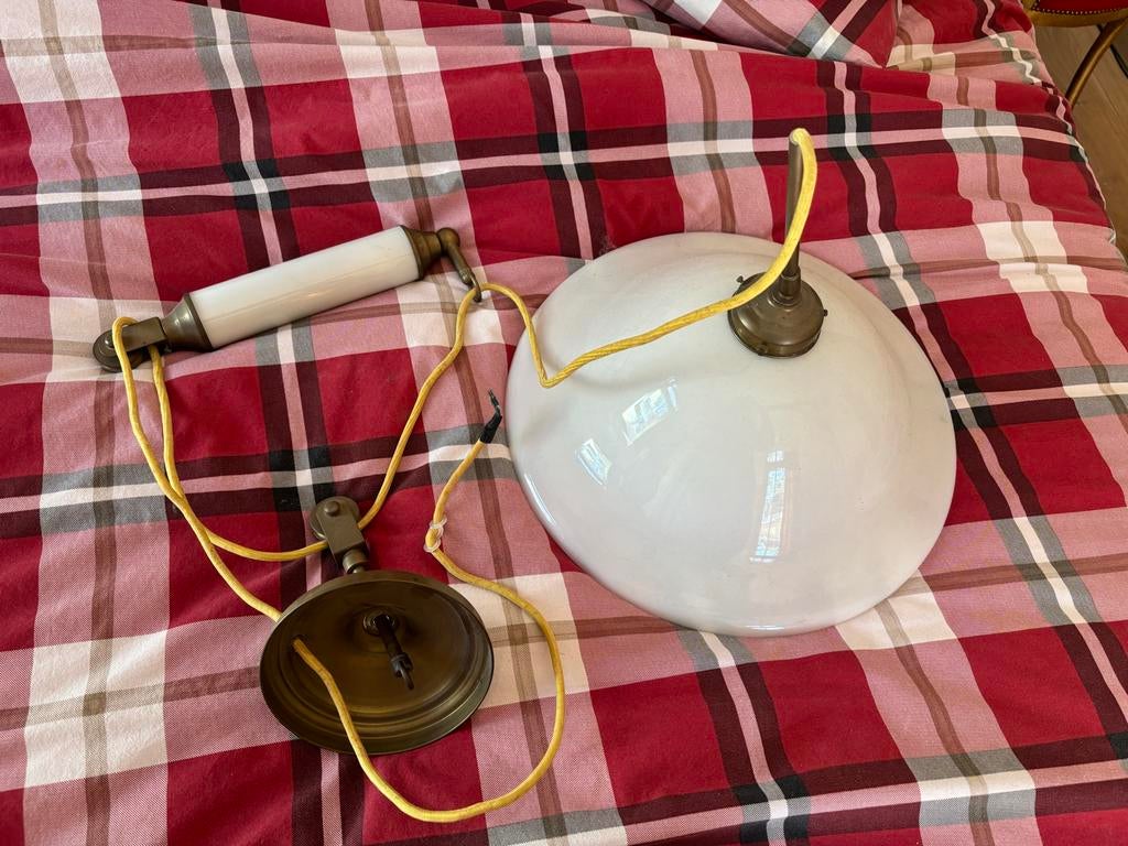 Antieke glazen hanglamp, in hoogte verstelbaar, Ophalen of Verzenden