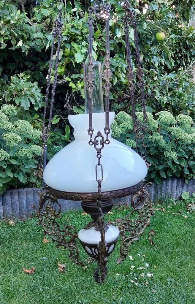 Antieke hanglamp gietijzer glas, Antiek en Kunst, Ophalen