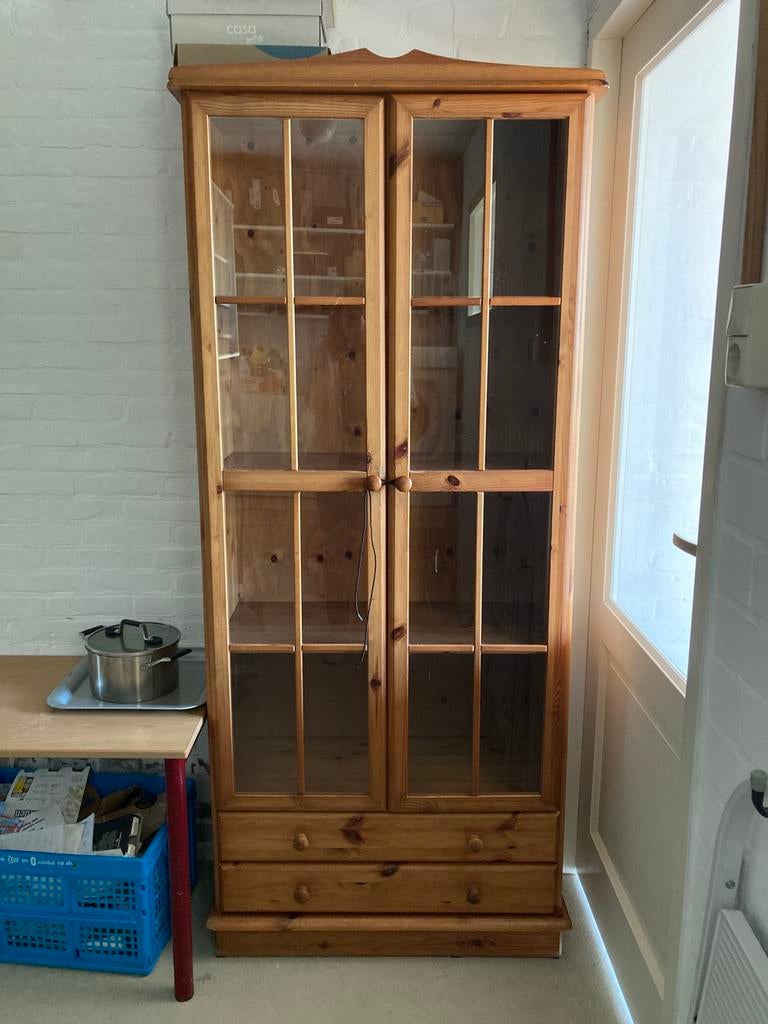 Grenen vitrinekast, Huis en Inrichting, Kasten | Vitrinekasten, Gebruikt, 150 tot 200 cm, 50 tot 100 cm, 25 tot 50 cm, Ophalen of Verzenden