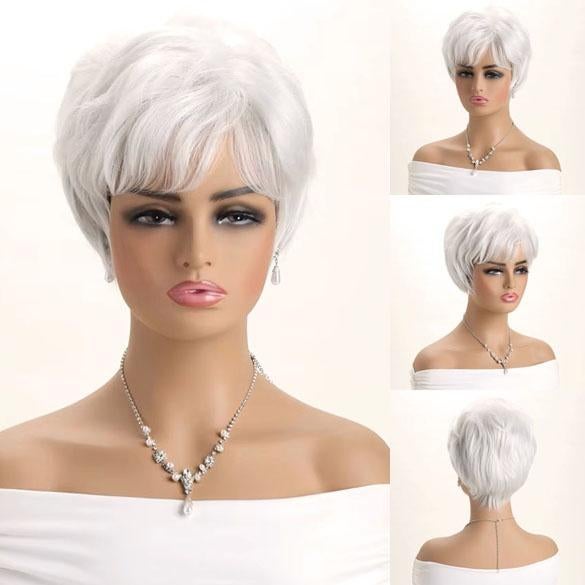 Trendy pruik kort haar in laagjes wit grijs, Verzenden, Nieuw, Pruik of Haarverlenging