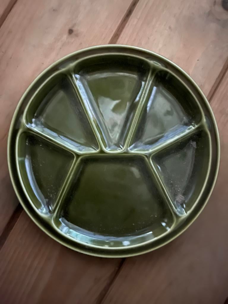12 groene Cabanaz fondueborden, Gebruikt, Keramiek, Ophalen of Verzenden, Bord(en)