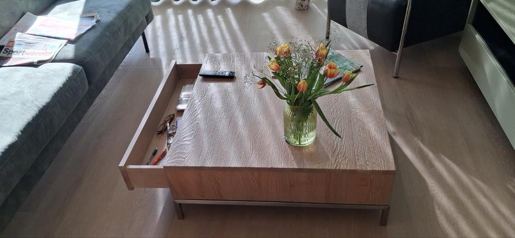 Salontafel met lade, geborsteld eiken, RVS onderstel, Ophalen