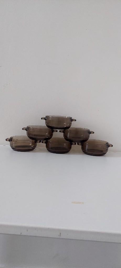 6 rookglas schaaltjes soep kommen 70 bruin smoke, Huis en Inrichting, Keuken | Servies, Zo goed als nieuw, Kom(men), Overige stijlen
