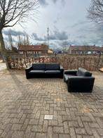 Leren bankstel met fauteuil - Zwart, Ophalen, Gebruikt, Driepersoons, Rechte bank