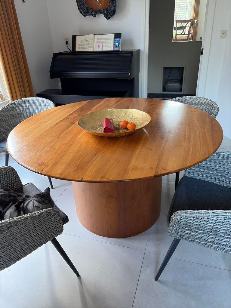 Ronde eettafel van massief teakhout, 150 cm, Ophalen, Gebruikt, 100 tot 150 cm, 150 tot 200 cm
